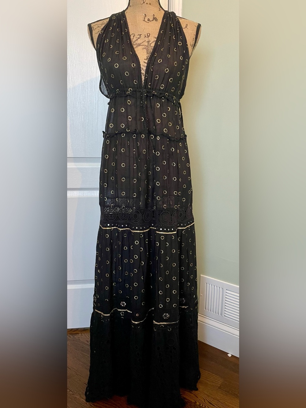 Ramy Brook Black Maxi Cover Up Dress with Gold Eyelet Accents